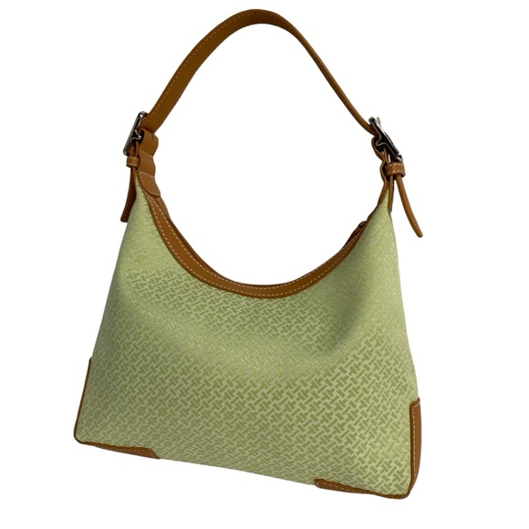 TALBOTS Shoulder Bag Small Top Zipper Single Strap Green Jacquard Tan Leather - Picture 9 of 16